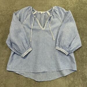 Melissa Nepton Olivia Blue & White Striped Peasant Top XL‎ Crochet Boho Linen